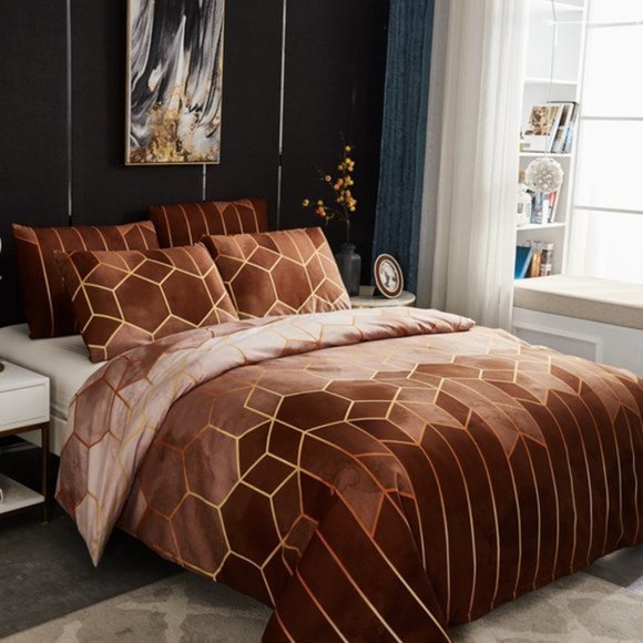 ✧Geometric Diamond Lines Brown Duvet Cover Set✧ - Picture 2 of 6